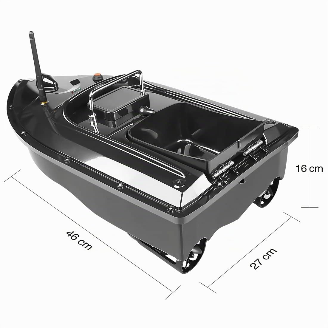 Barca da pesca wireless per esche da 500M, barca giocattolo RC intelligente motoscafo, tramoggia di carico da 1,5kg, doppi motori, borsa portatile (barca nera)