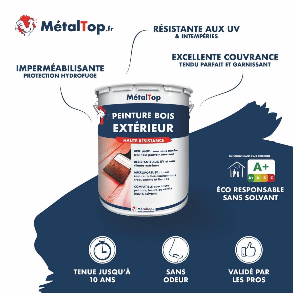 Metaltop - Peinture Bois Exterieur - Noir signalisation - RAL 9017-1 L - Finition brillante, haute résistance UV et intempéries, application facile