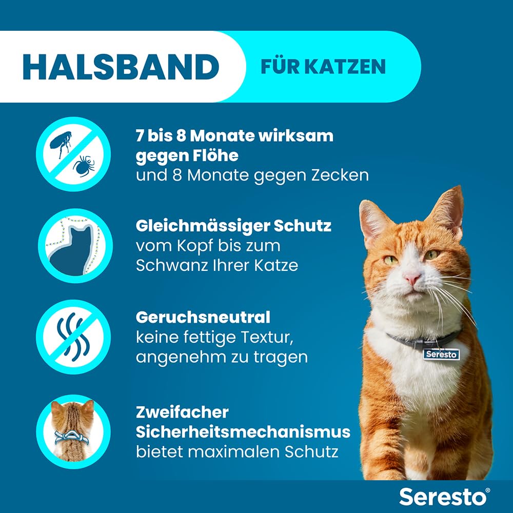 Seresto Zeckenhalsband für Katzen, 7-8 Monate Zeckenschutz mit Anhänger | Promo-Set für zuverlässigen Schutz vor Parasiten. Geruchsneutral mit Sicherheitsverschluss. Tötet Flöhe & Zecken schnell ab.
