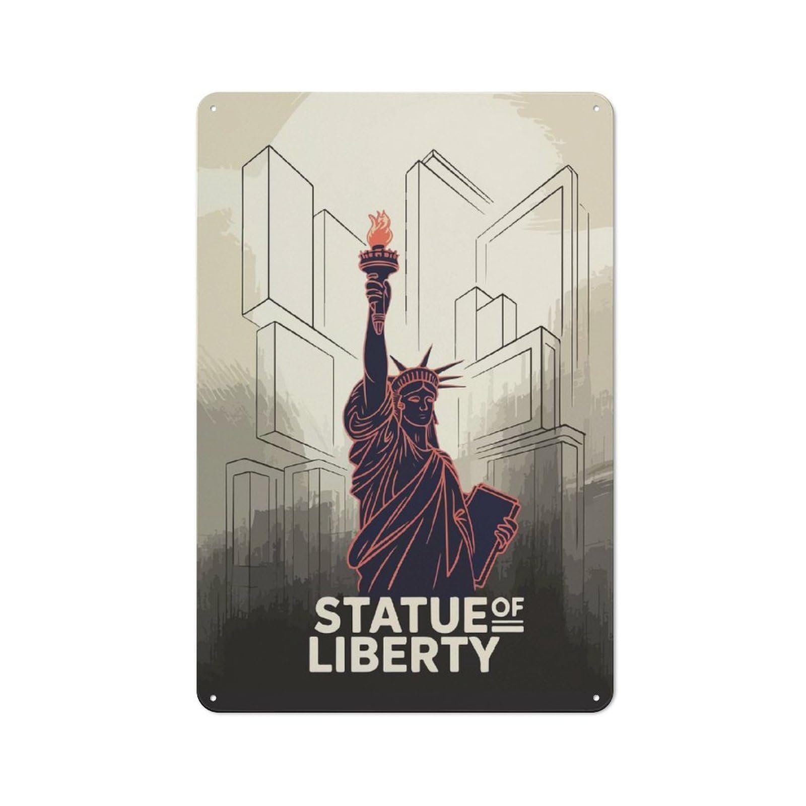 Junmoney Statue Of Liberty Illustration Retro Tin Wall Plaque 30X20cm For Garage Or Workshop, A Metal Wall Feature For Garages And Tool Rooms