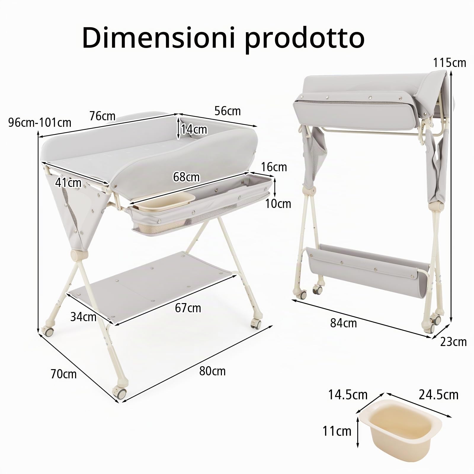 LIFEZEAL Fasciatoio con Ruote Universali, Fasciatoio Pieghevole e Portatile in Tessuto Resistente e Impermeabile con Piccola Vasca, Struttura Robusta, Capacità di 15 kg, per Bambini 0-6 Mesi, Grigio