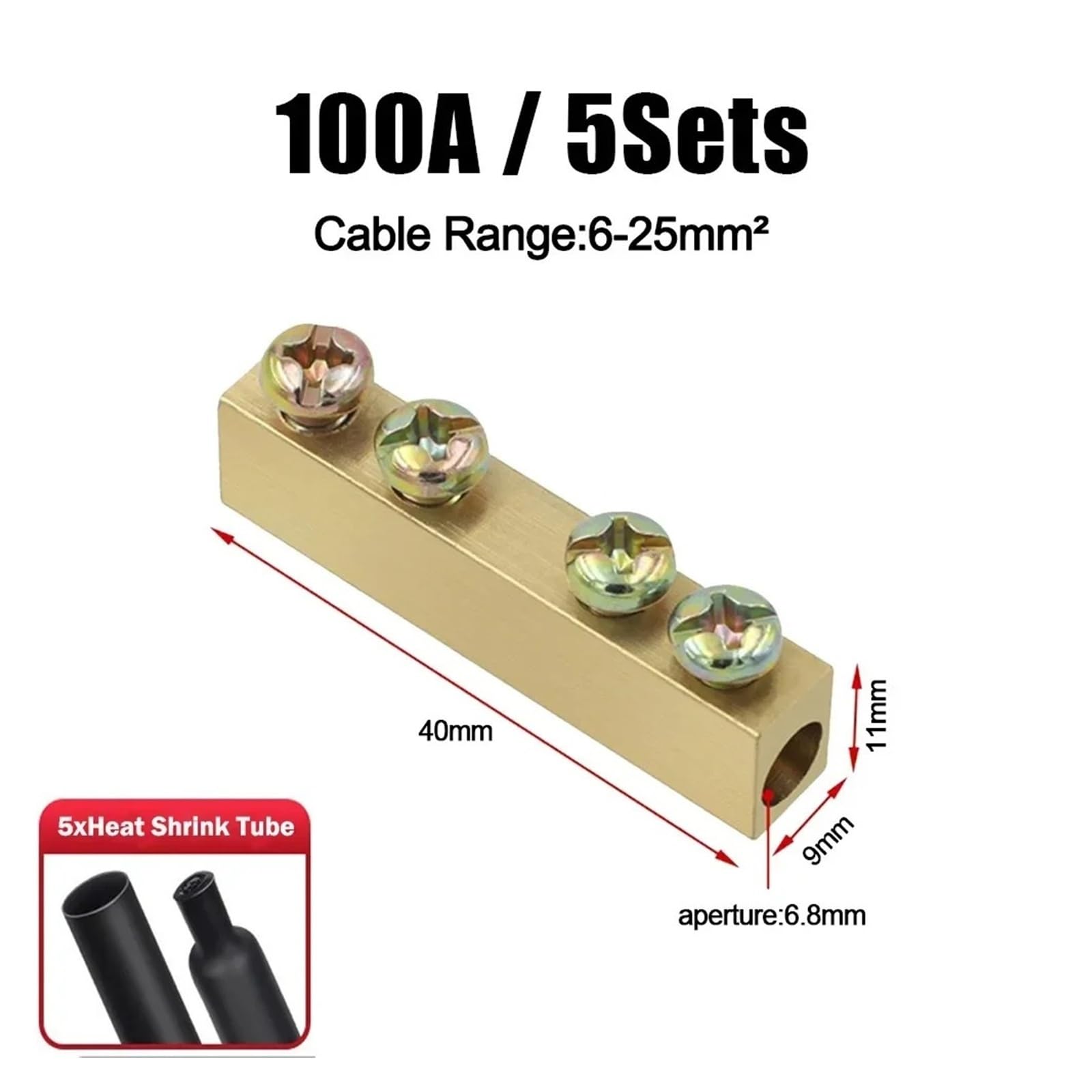 Lot de 10/20 borniers en laiton avec gaine thermorétractable 10/20/60/80 A, répartiteur haute puissance 1 entrée/1 sortie, connecteur rapide(5pcs 100A S-4holes)