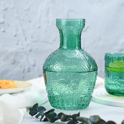 Miniatura 5 de Jarra de agua de noche de cristal retro en relieve con vaso, jarra y taza de noche, color verde