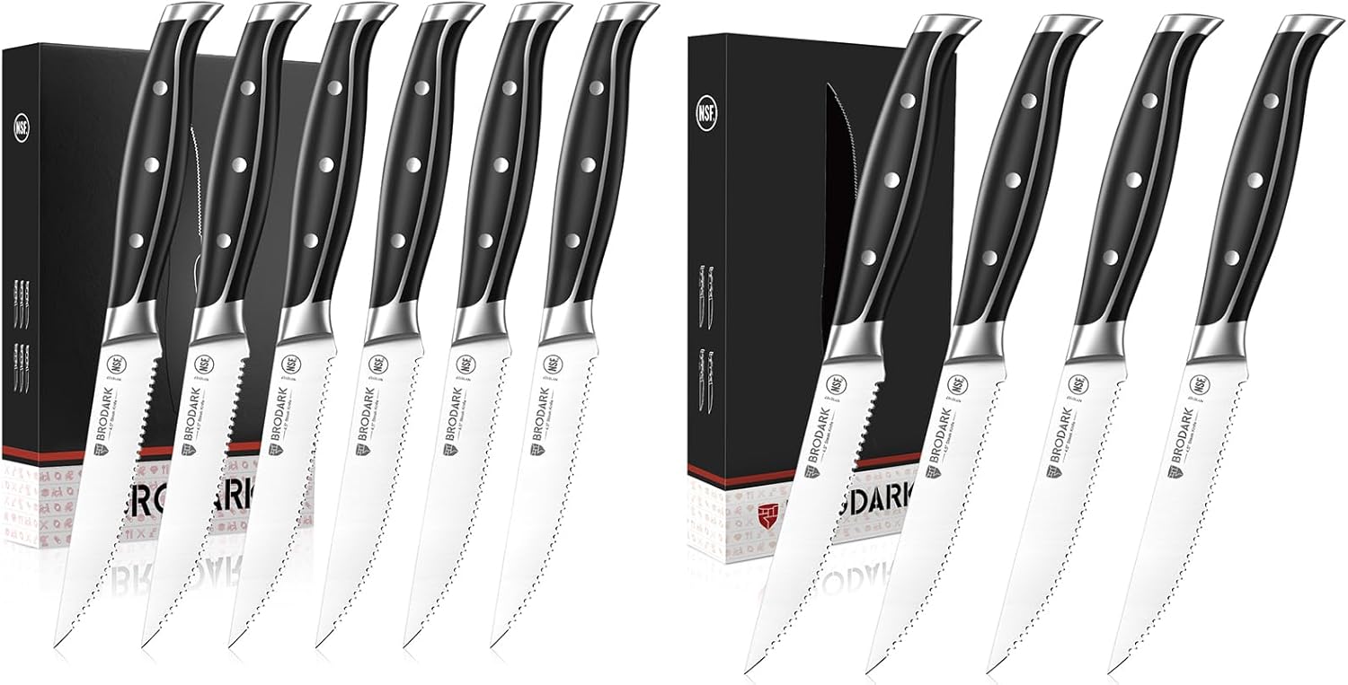 BRODARK Steak Knives Set of 10 (6+4), Serrated, 4.5 Inch