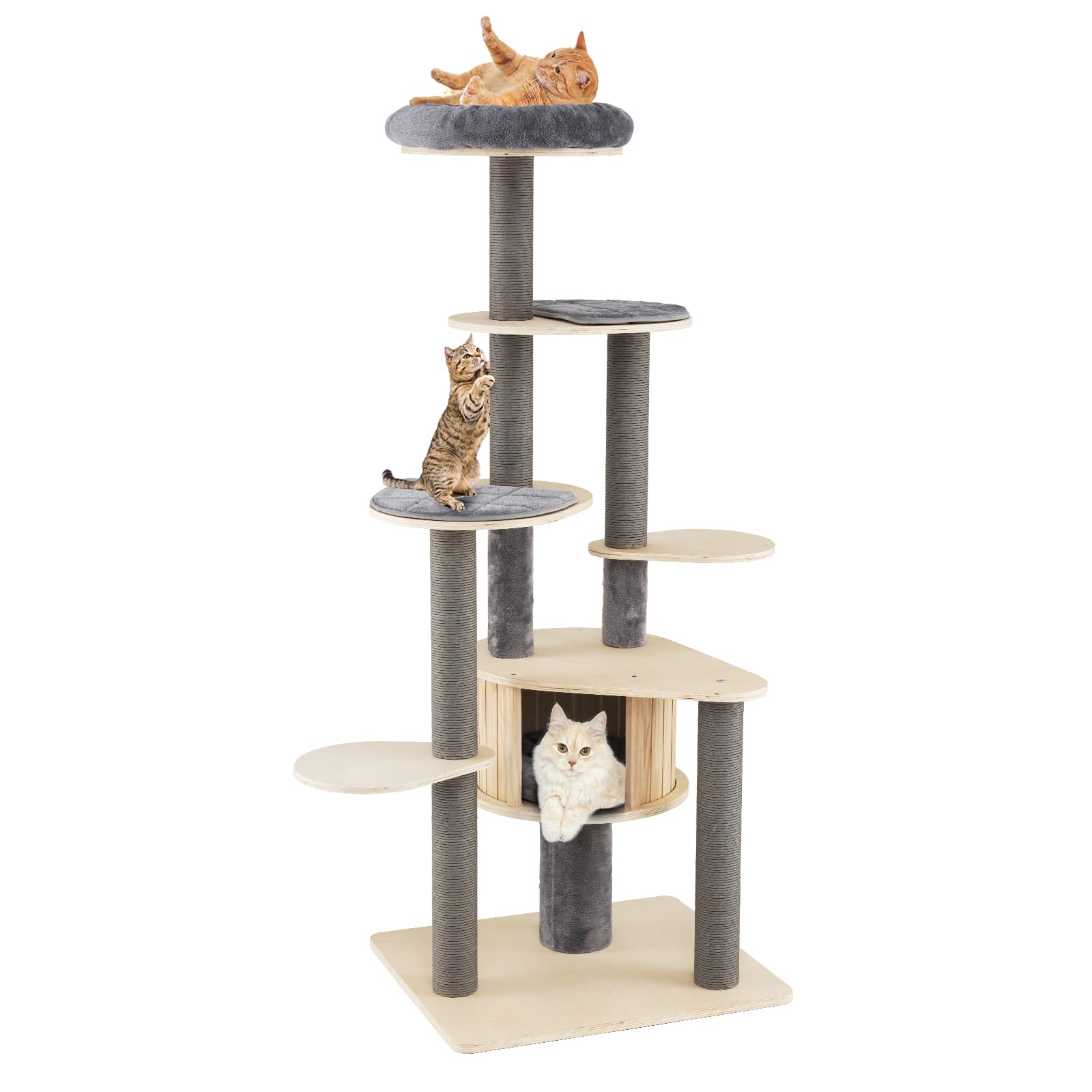 COSTWAY Cat Tree, Tall Multi-Layer Cats Tower with Comfy Padded Top Perch, Private Condo, Detachable Mats & Scratching Posts, Kitten Activity Center for Indoor Cats (Natural + Grey, 172cm Tall)