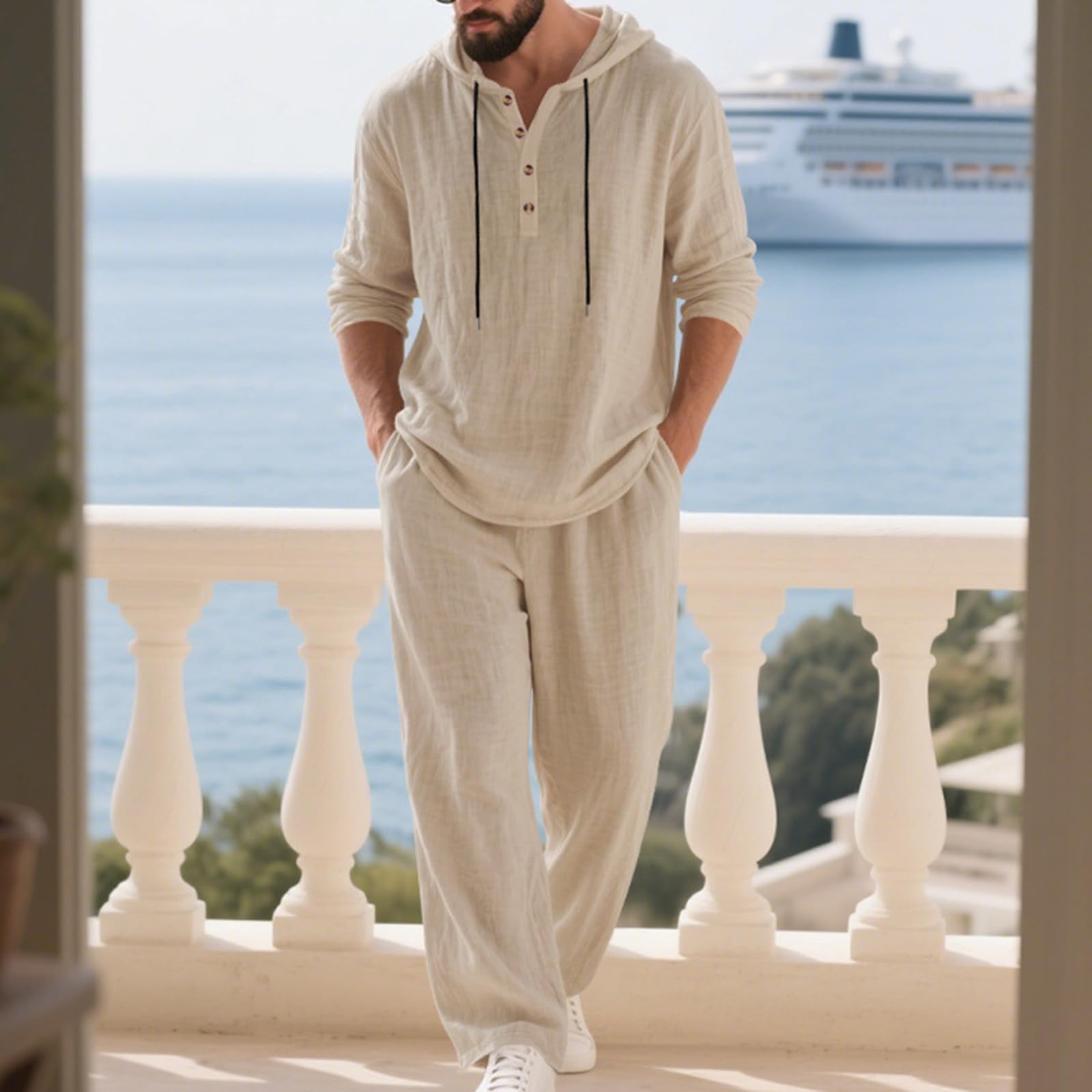 Ensemble Homme 2 Pièces en Lin Printemps Été 2026,T-Shirt À Capuche Et Pantalon Tenues D'Été Manches Longues Ensemble Jogging Homme Chemise Boutonnée Survêtement Ensembles Streetwear Loisirs