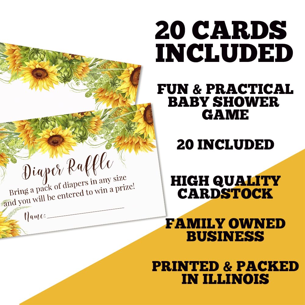 Amanda Creation Diaper Raffle Tickets for Baby Shower – Pack of 20 2” X 3.5” Sunflower Double Sided Game Cards, Stock Up on Diapers Only Made in the USA