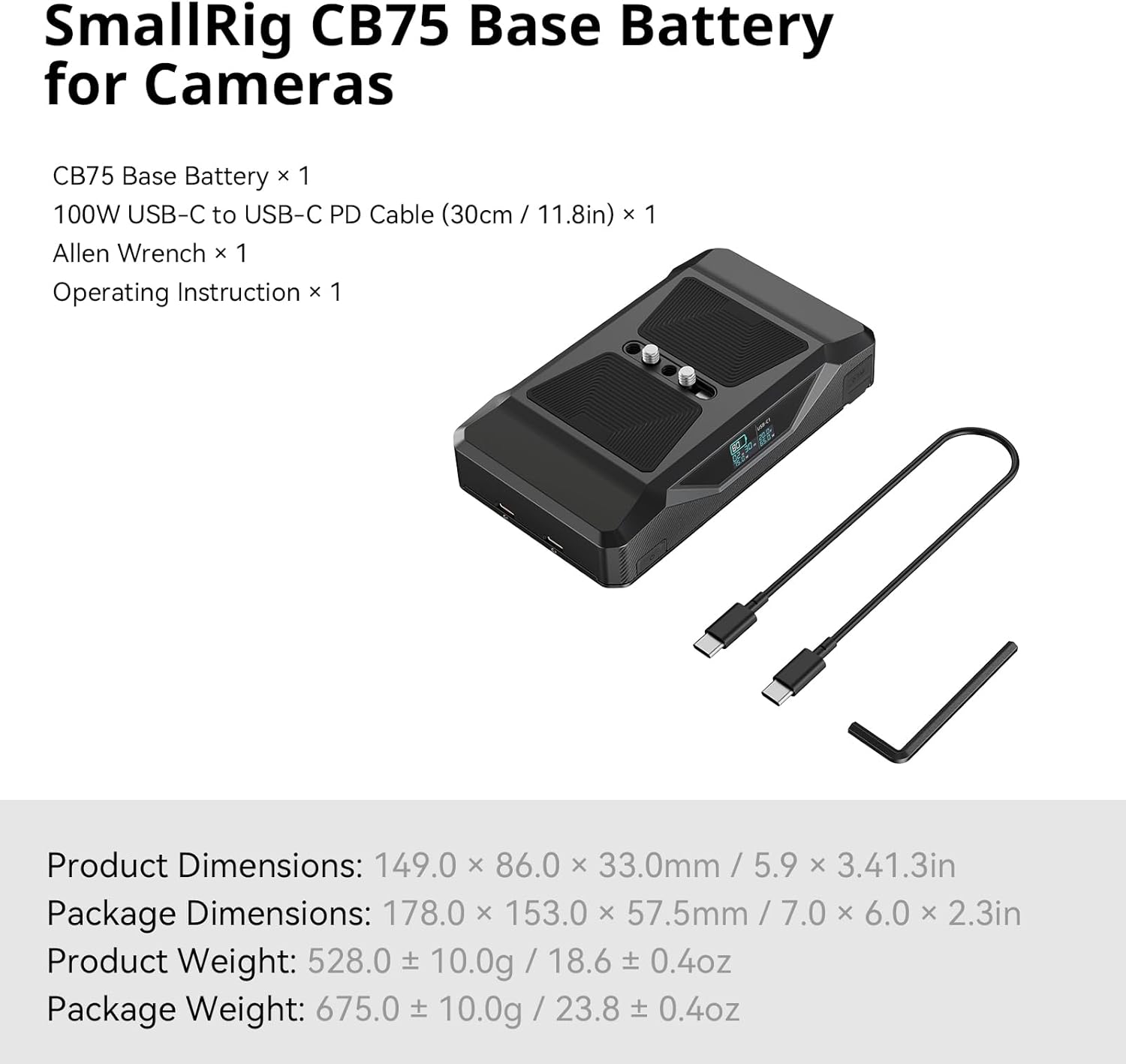 SMALLRIG CB75 Base Battery with dimensions and package contents listed