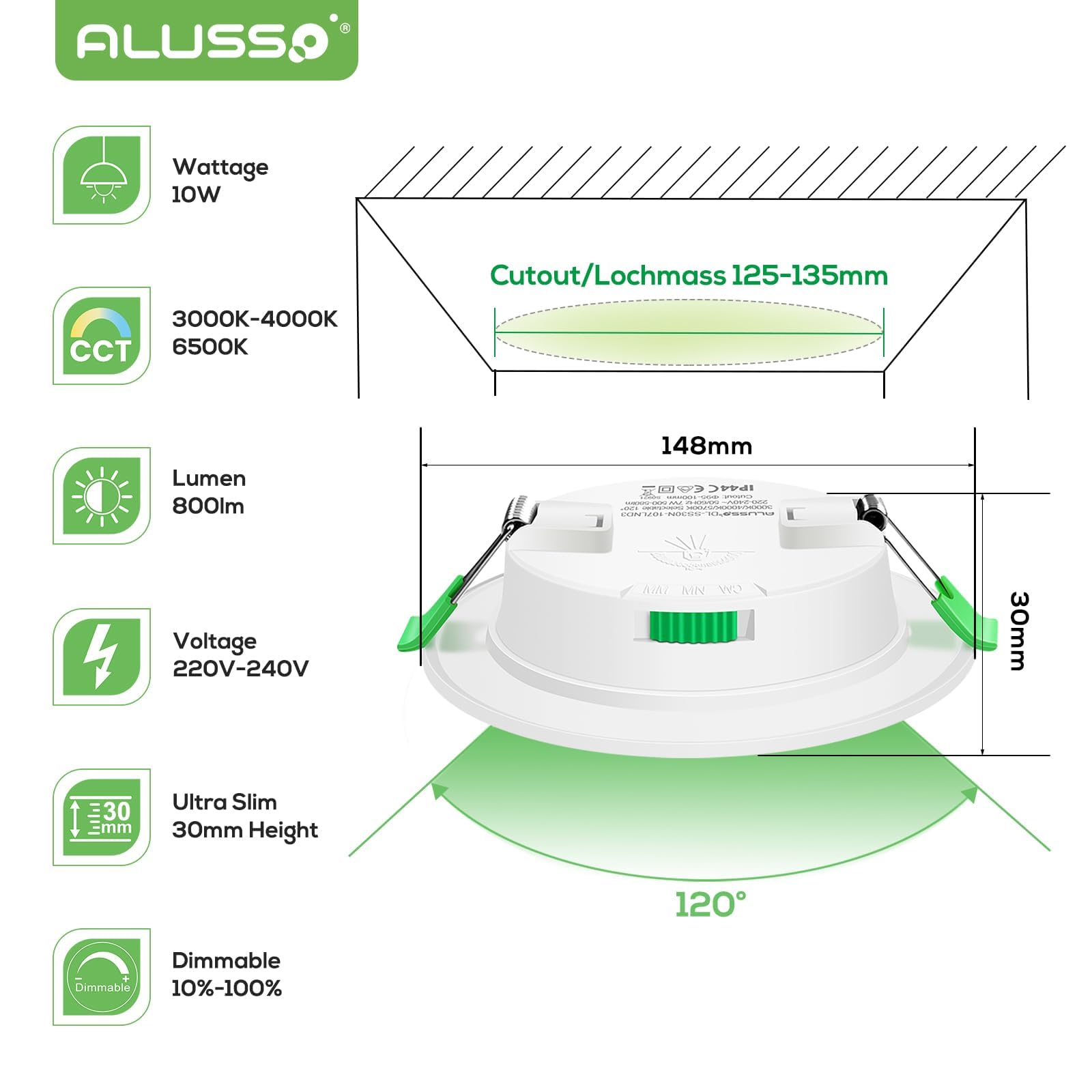 ALUSSO Set di 6 faretti LED da incasso piatti 230 V, 10 W, 800 lm, intensità variabile, ultra sottile, profondità di incasso 30 mm, bianco caldo 3000 K, bianco neutro 4000 K, bianco freddo 6500 K,