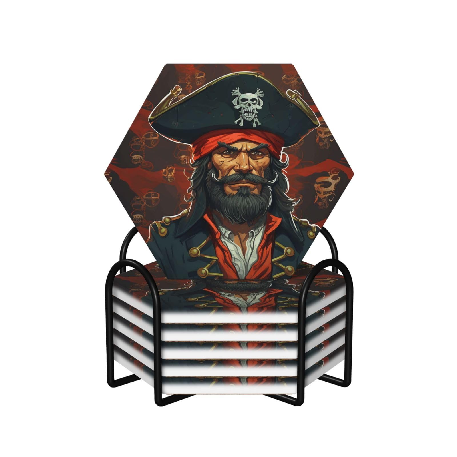 6Pcs Ceramics Coaster for Drinks, Pirate Captain Cup Coasters with Holder, Aesthetic Drink Coasters for Coffee Table, Absorbent Round Coaster for Tabletop Protection 4" Cup Mat Pad