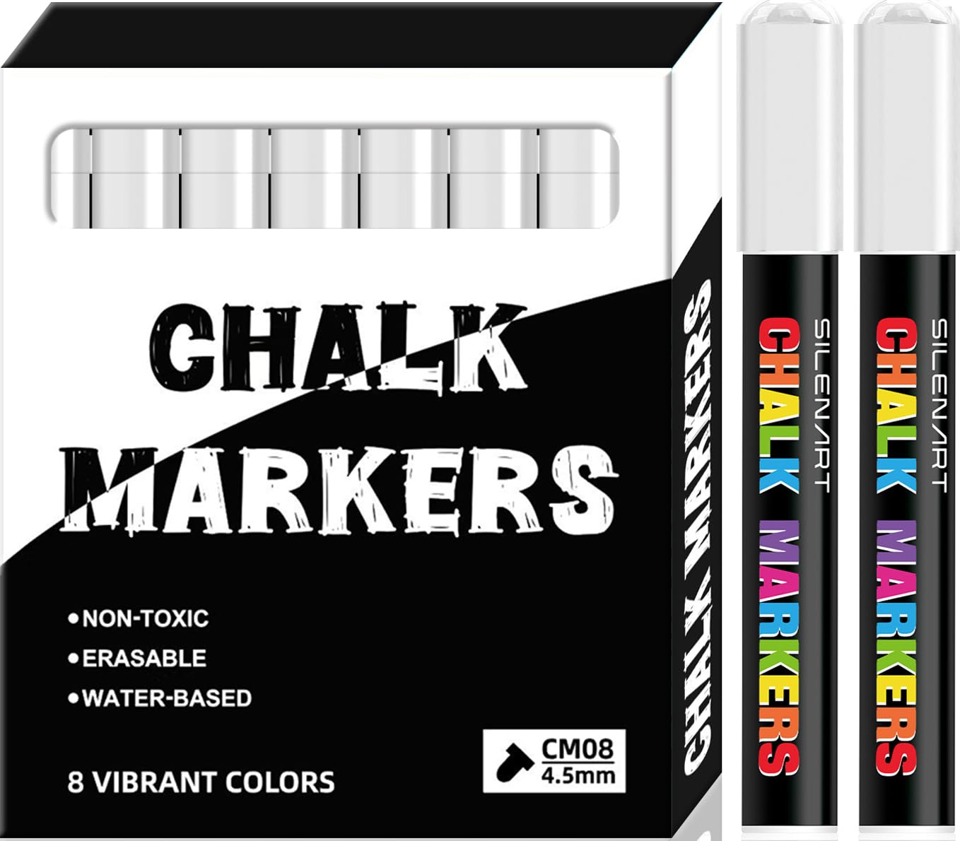 SILENART White Chalk Markers - 8 Pack - Liquid Chalk Markers for Blackboard Chalk Board Windows Glass Acrylic Calendar Board - Erasable Chalk Marker -