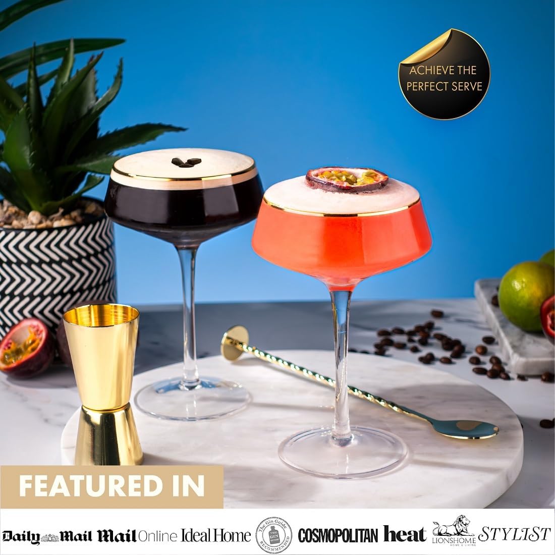 VEMACITY - Deluxe Espresso Martini Glasses Set of 4 | 10oz Coupe Glasses with Gold Rims for Champagne, Cosmopolitans - Includes Gold Jigger, Bar Spoon & eBook - | Ideal for Martinis and Manhattans - Image 4