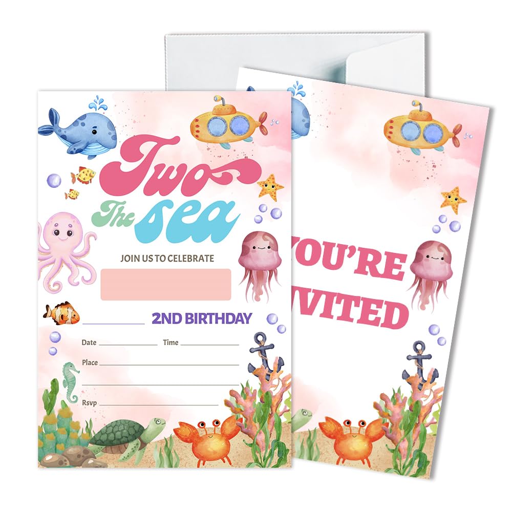 Photo 1 of Children's Birthday Party Invitation Cards Kids Under the Sea Pool Party Birthday Party Invites for Girls Kids Sea Creatures Whale Turtle Shark Jellyfish (20 Cards with 20 Envelopes) - JRM427