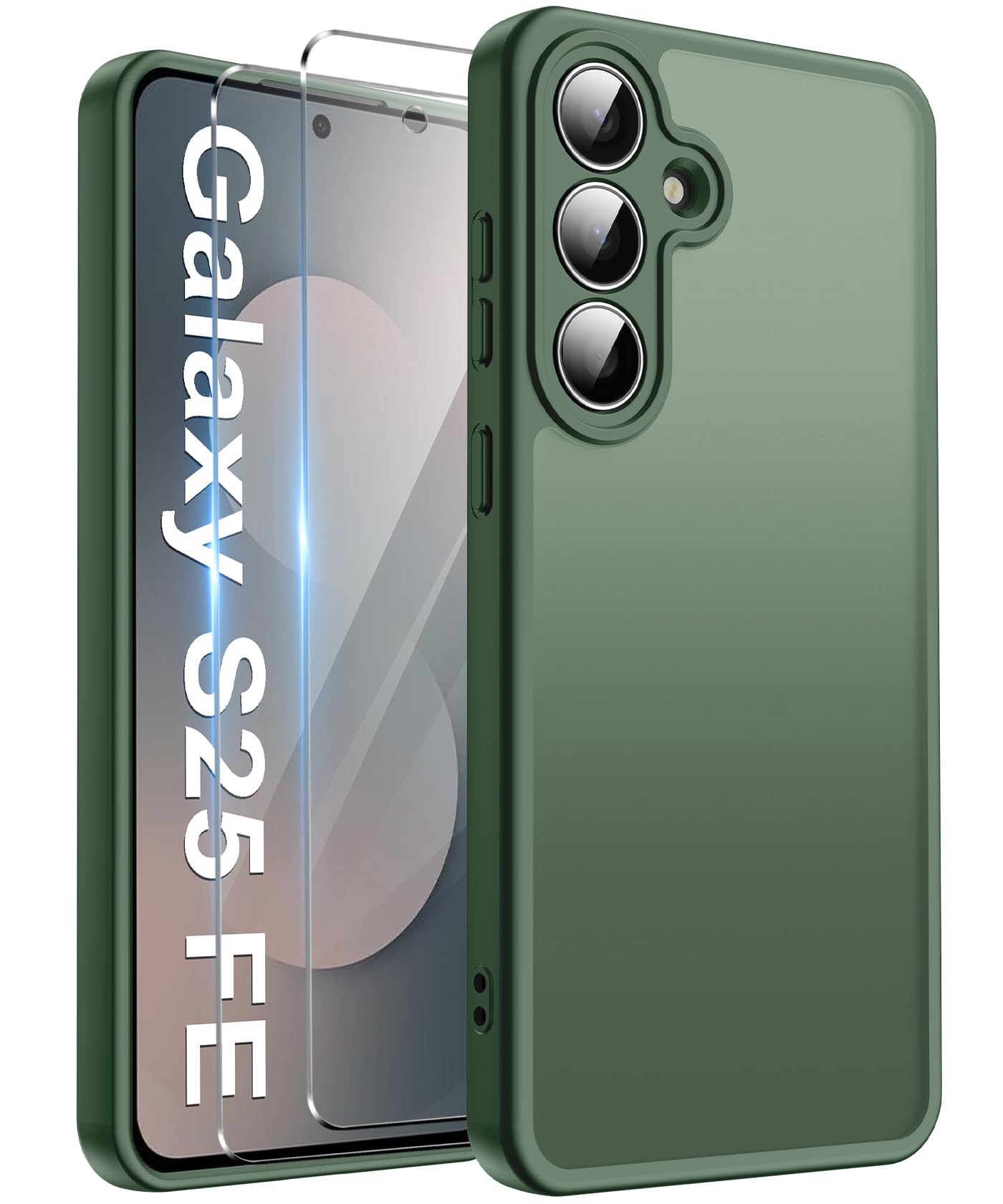 FLLAO Opaca Cover Compatibile con Samsung Galaxy S25 FE 5G con 2 Vetro Temperato, [Della Fotocamera Protezione] Anticaduta Antiurto Anti-Graffio Hard PC Glassata Traslucida Custodia Verde Scuro