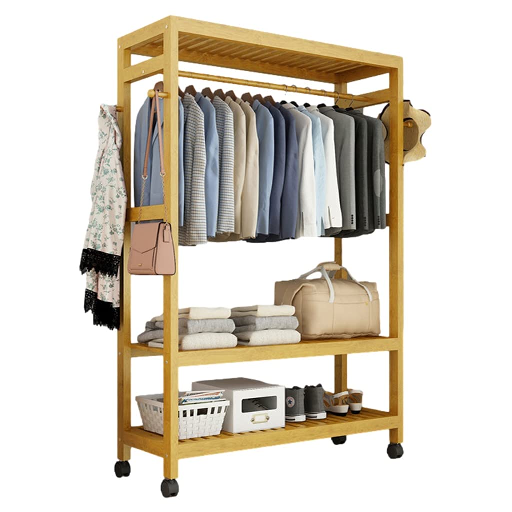 Amazon｜竹製洋服ラック 自立 棚と車輪付き ハンガー掛け用 頑丈な木製