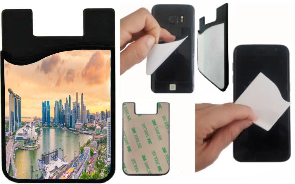 Island Gifting Neoprene Stick-on ID Card Holder for iPhone/Galaxy/Google Android Cases Featuring Image of Downtown Skyline of Singapore Sunrise