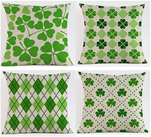 JLZH Cute Clover Cotton Linen Cushion Cover Pillow Case Clover Decorative Pillowcase (NO INSET）, Set of 4, Green Clover 18IN x 18IN