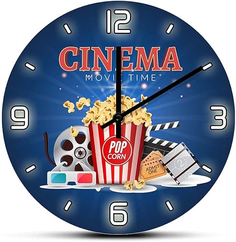 The Geeky Days Movie Time Popcorn Filmstrip Clapboard Tickets Reloj de pared silencioso Diseño moderno Amantes de la película Decoración del hogar
