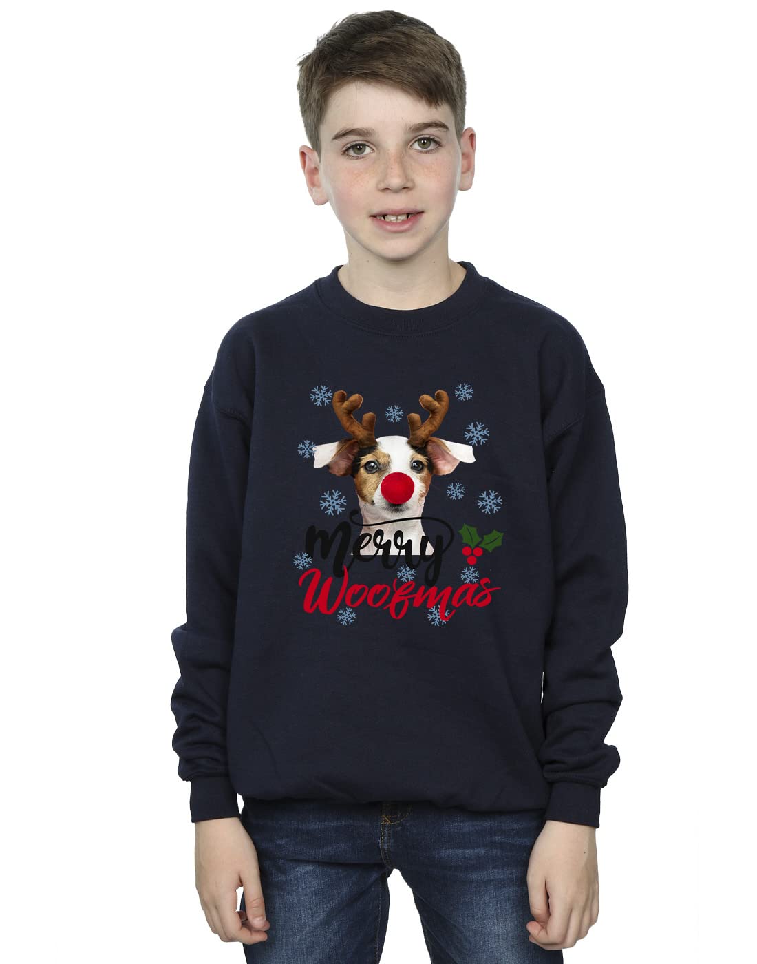 Absolute Cult Boys Navy Blue Christmas Pets Christmas Merry Woofmas Jack Russell Sweatshirt 7-8 Years