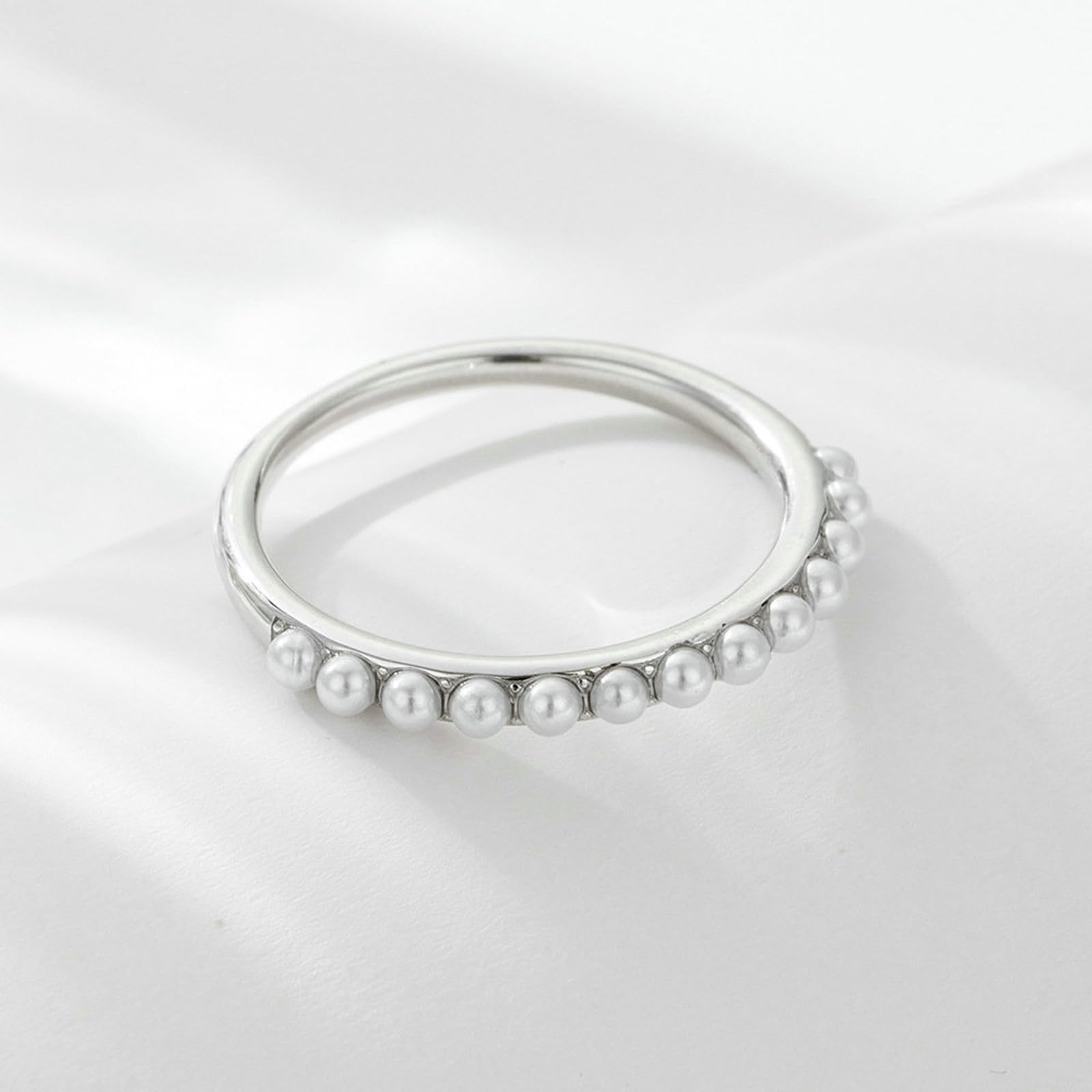 Eternity Band pierścionek damski białe złoto z perłą kamieniem szlachetnym, pierścionek złoty, zaręczyny, 14-karatowe białe złoto, rozmiar 47 (15,0)