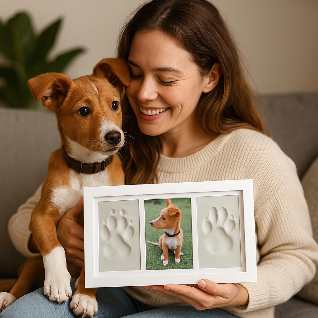 Marco para Huellas de Mascota (Perro, Gato) con Foto. Kit de Impresión de Arcilla Blanca. Caja Regalo con paspartus de Colores.Recuerdo Personalizado para Perros y Gatos.
