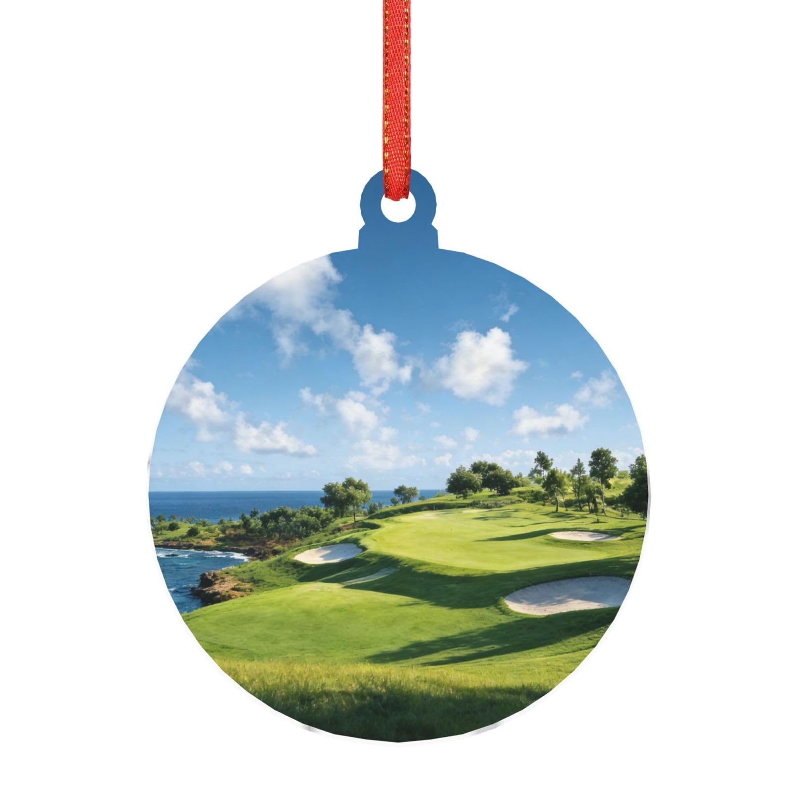 Acrylic Ornament Christmas Tree Decoration Clear Round Pendant with Red Ribbon Golf Course Christmas Ornaments Indoor Outdoor Hanging Acrylic Pendants for Xmas Party Decor
