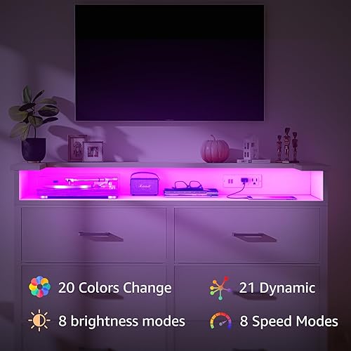 Miniatura 9 de BOLUO Cómoda Blanca con Luz LED y Estación de Carga para Dormitorio, Cómoda de 6 Cajones con Toma USB, Cómodas de Tela y Cajoneras Modernas