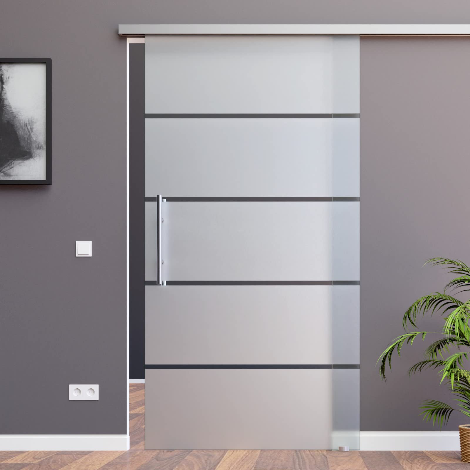 AMOD SlimLine Glasschiebetür mit SoftClose Funktion [Komplett-Set mit Alu-Schienensystem] Glasmaß: 900 x 2050 mm, Dekor P1, inkl. Griffstangen Set in 420 mm/Model: BP1-900-420-ASE