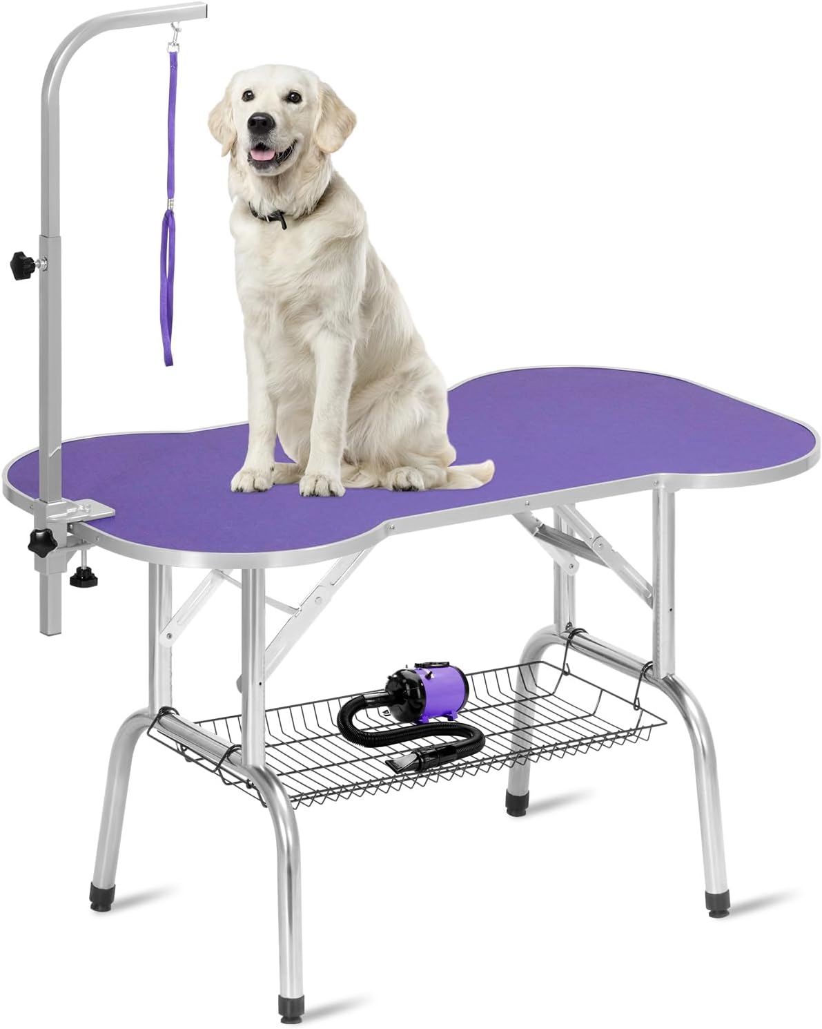 Polar Aurora 46'' Dog Grooming Table,Adjustable Dog Pet Grooming Table, Foldable Pet Station with Adjustable Height Arm,Noose,Mesh Tray,Maximum Capacity Up to 330Lb Purple