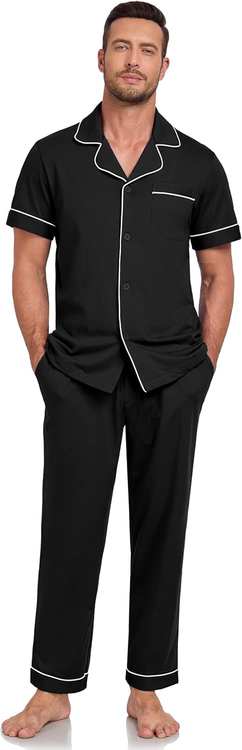 COLORFULLEAF 100% Cotton Mens Pajamas Set Short Sleeve Loungewear with Long Pants Button Down Sleepwear Soft Comfy Pj for Men - Image 2