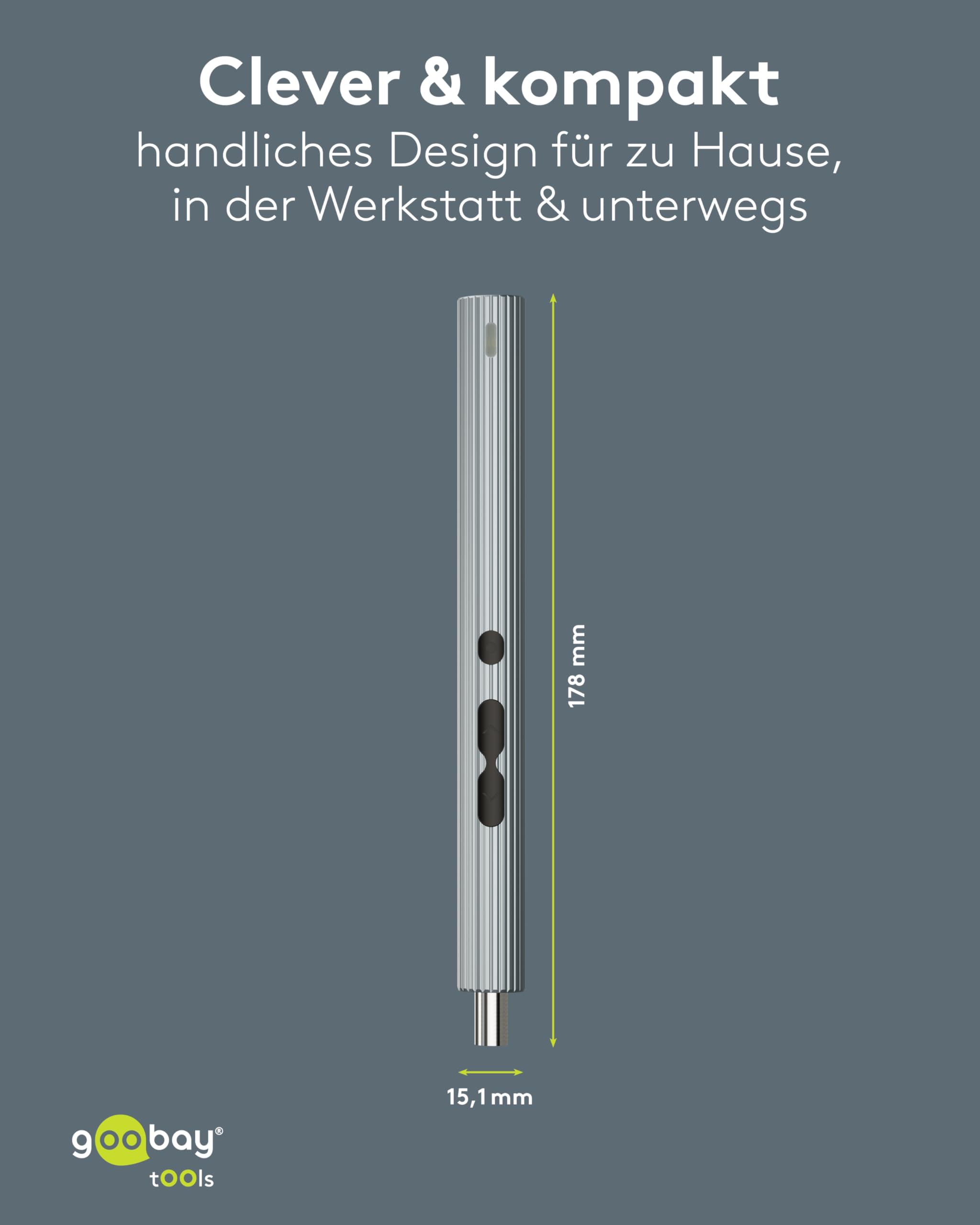 goobay wkrętak akumulatorowy 58 w 1 z 50 precyzyjnymi końcówkami, aluminiowa obudowa magnetyczna, 3 poziomy momentu obrotowego, oświetlenie LED, ładowanie USB-C, do urządzeń elektronicznych