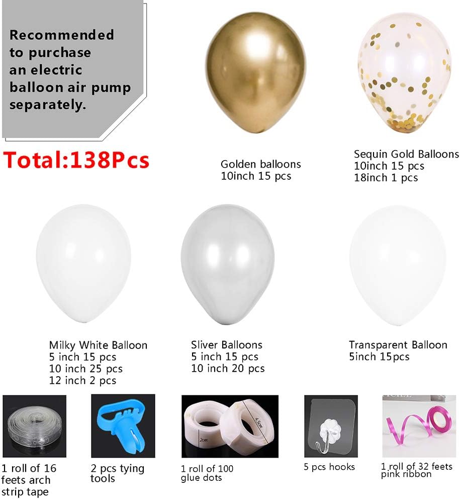 DIY Balloon Arch & Garland kit,138Pcs Party Balloons Decoration Set, Gold Confetti & Silver & White & Transparent Balloons for Bridal & Baby Shower, Wedding, Birthday, Graduation, Anniversary Party: Toys & Games