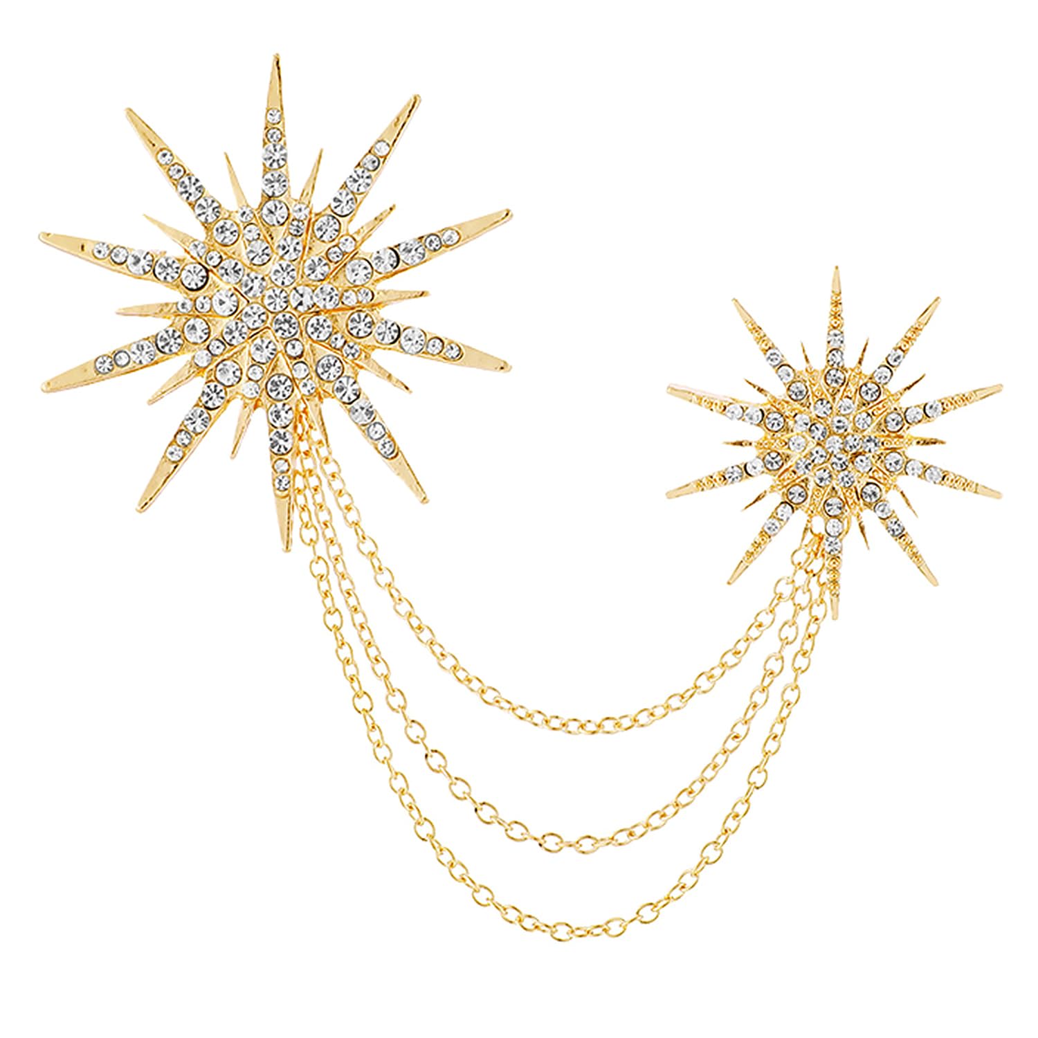 Cubic Zirconia Studded Twinkling Star Pattern Three Layer Chain Pin Brooch Elegant Jewellery for Men-image-11