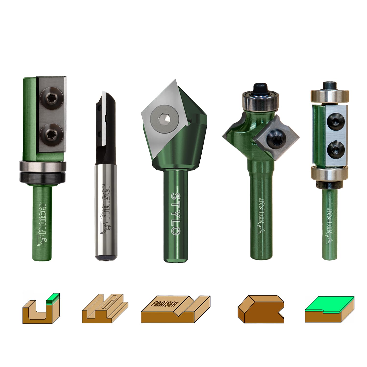 Fraiser Fräser Set 6,35 mm (1/4 Zoll) Schaft - Wendeplattenfräser, 3 Stück, Holzfräser für Oberfräse, Kantenfräse und Frästisch - Einsteiger Set
