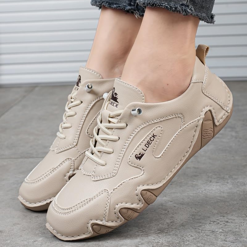 Women Italian Handmade Leather Walking Shoes, Outdoor Waterproof Non Slip Beck Shoes Casual Lightweight Comfortable Slip-on Minimalist Sneakers Soft Soled Loafers(Beige,US 9)3