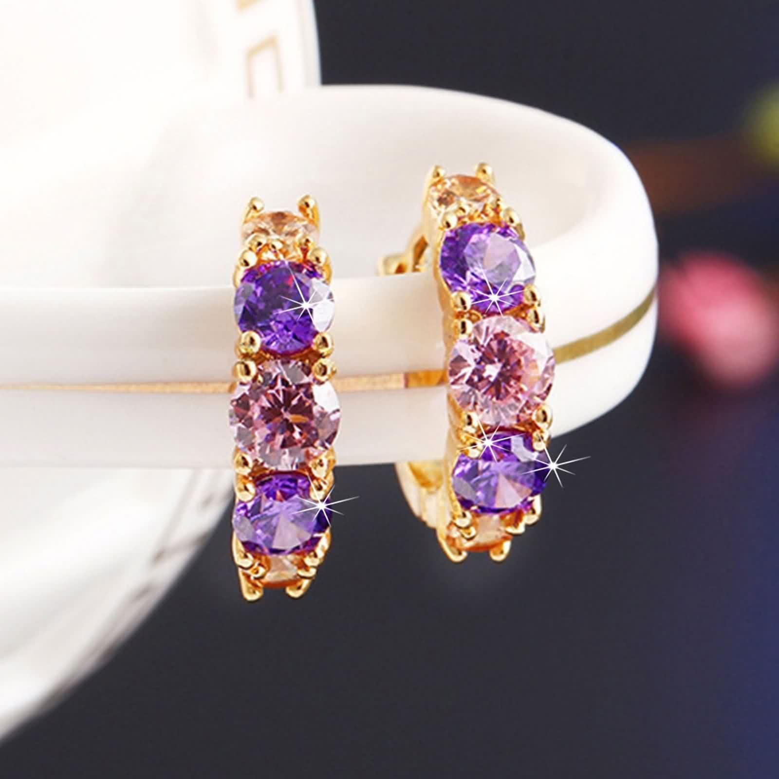 Pendientes de aro para mujer, oro amarillo de 14 quilates, Au585, multicolor, amatista rosa, cristal aro, pendientes de aro para mujer, pequeños pendientes de oro de 14 quilates