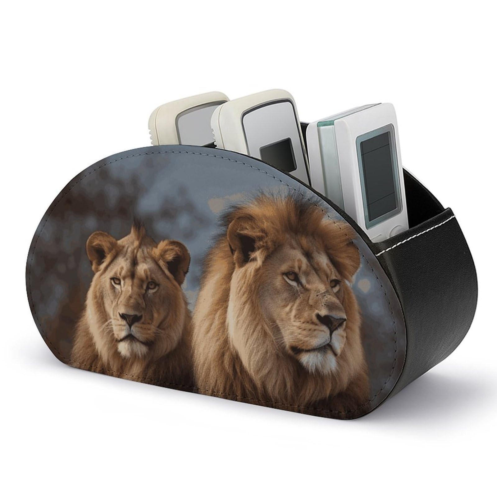 FWJZDSP Remote Control Holder, Leather TV Two Lions Remote Caddy Organizer, Desktop with 5 Compartments, Bedside Table Organizer for Home, Office, Living Room, Nightstand