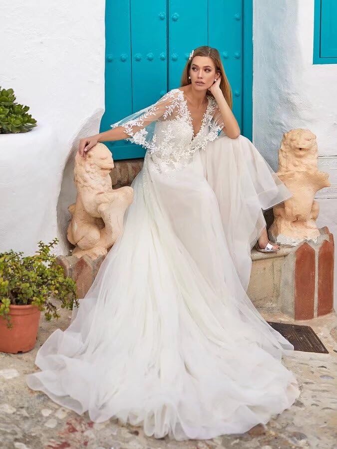 Dexinyuan Romantic Lace Wedding Dresses for Bride 2025 Half Sleeve Tulle A Line Beach Bohemian Bridal Gowns for Women3