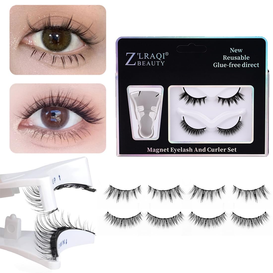 2 Pairs Magnetic Eyelashes Kit with Magnetic Lash Applicator Natural Wispy Manga Lashes Reusable Lashes No Glue, False Eyelashes Band with Magnet (MIX-2)
