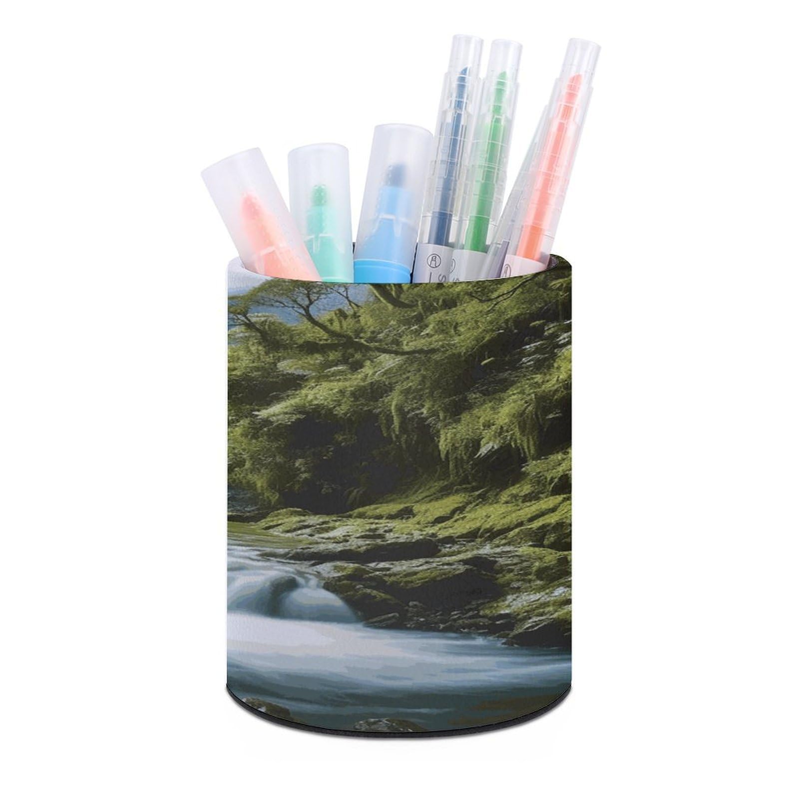 LDGSUPH Waterfall Landscape Painting Round Pen Holder Leather Pen Cup Pencil Cup Pen Organizer Pencil Holder for Desk Organizer Pencil Organizers Makeup Brush Holders for Home Office Gift