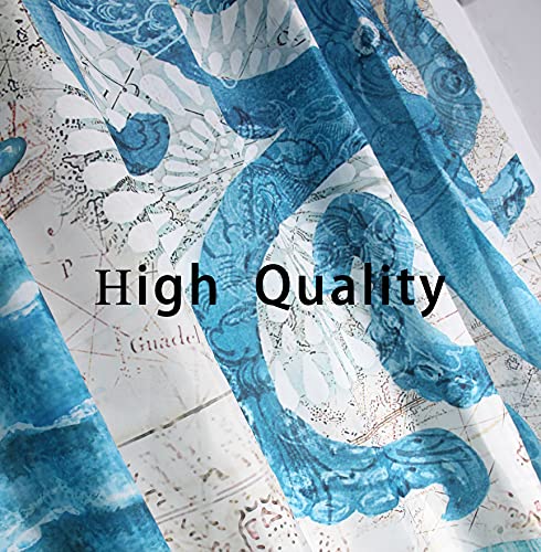 Nautical Animal Beach Shower Curtain Retro Teal Sea Turtle Octopus Seahorse Tropical Underwater Marine Life Seaweed Seashell Coral Reef Vintage Map Blue Ocean Bathroom Curtain With Hooks 70 X 70 Inch #TOP5