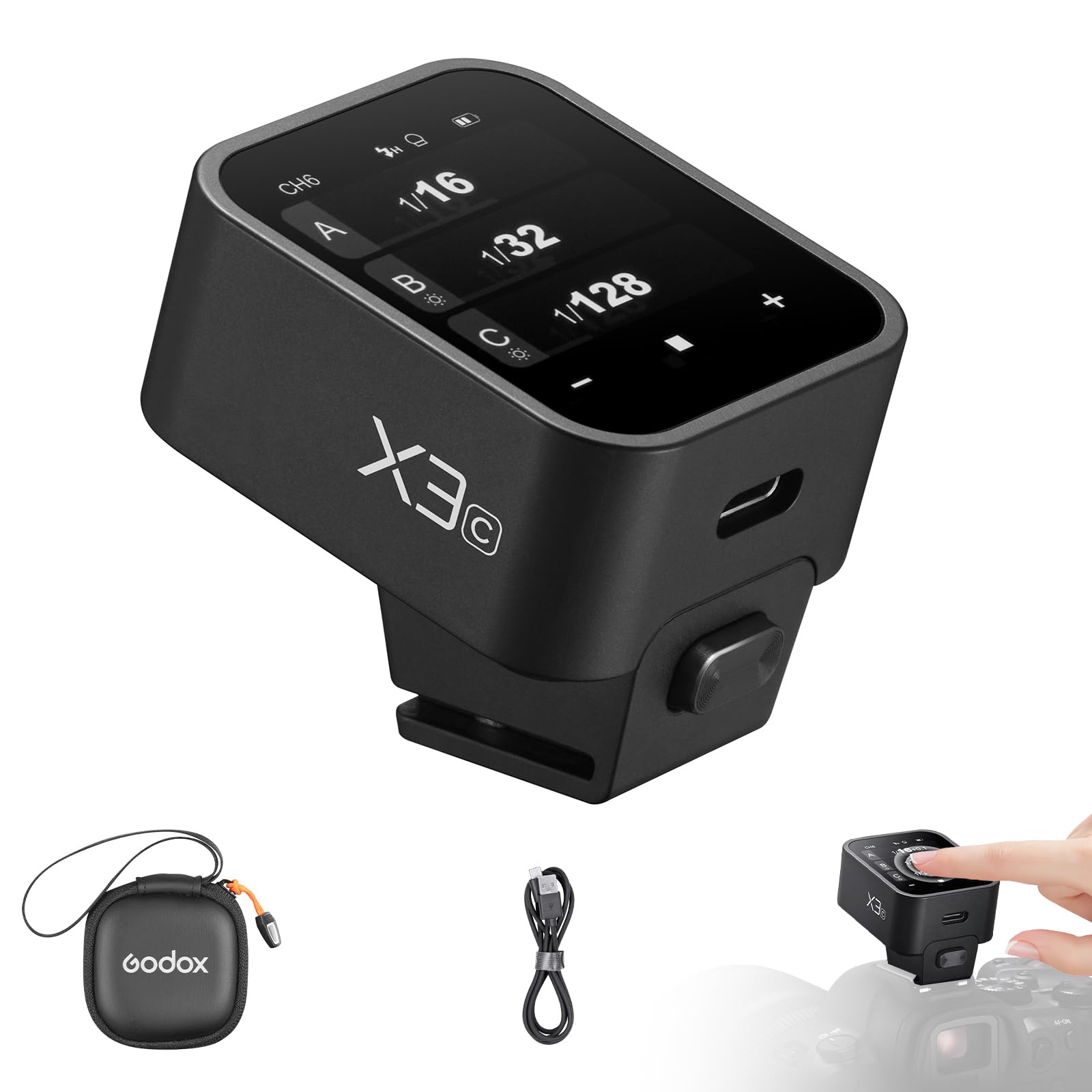 Godox X3-C Kabelloser Blitzauslöser OLED Touchscreen für Conon KameraHz Kabelloser 1/8000S HSS TTL Tcm Funktion Eingebauter Akku Rechargeable (Typ-c) Remote Kamerablitz Abzug für Canon