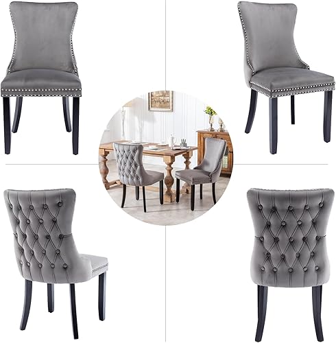 Miniatura 22 de Juego de 4 sillas de comedor de terciopelo negro, sillas de comedor tapizadas con respaldo copetudo con patas de madera maciza, sillas de comedor