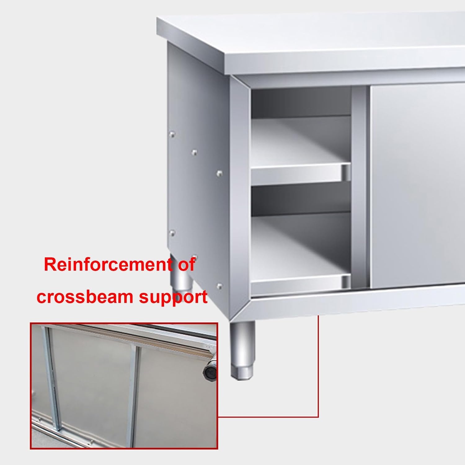 Stainless Steel Sliding Door Workbench Home Commercial Kitchen Cabinet Casework Prep Table Multifunctional Sturdy Metal Table Restaurant Storage Cabinet Adjustable Floor Legs