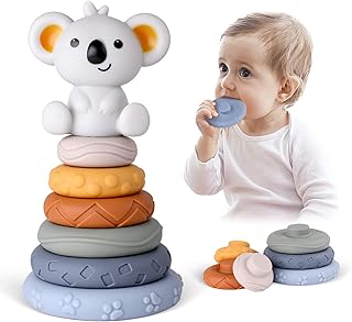 7 Pcs Stacking & Nesting Baby Toys, Baby Stacking Rings Toys, Soft Teethers Teething Toys with BiBi Sound, Koala Squeeze Toy, Early Educational Toy Gifts for 6 12 18 Months Baby Toddler Boys Girls