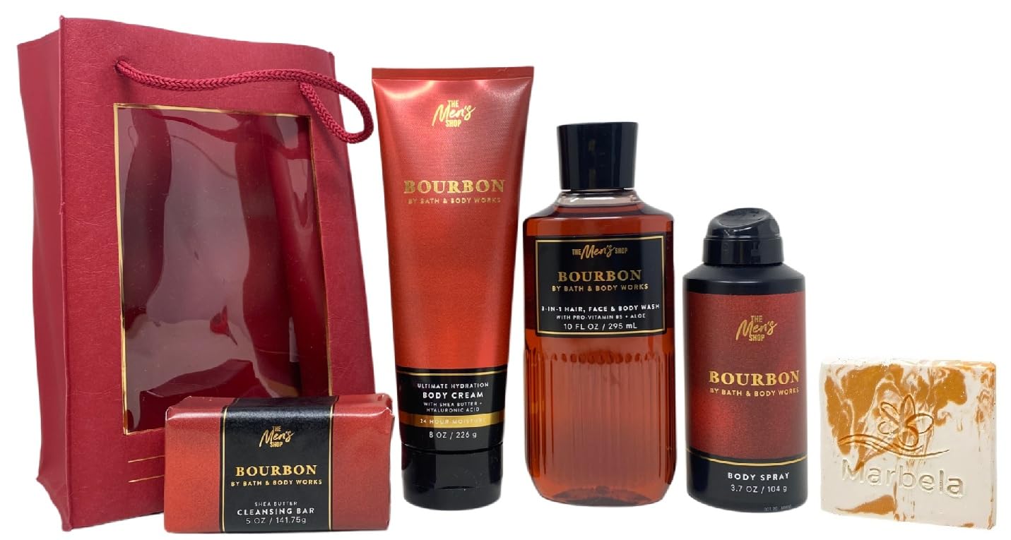 Bath & Body Works Men's Collection Bourbon Gift Set- Ultimate Hydration Body Cream - 3-in-1 Hair, Face & Body Wash - Body Spray and Cleansing Bar - with a Peach Gardenia Sample Soap