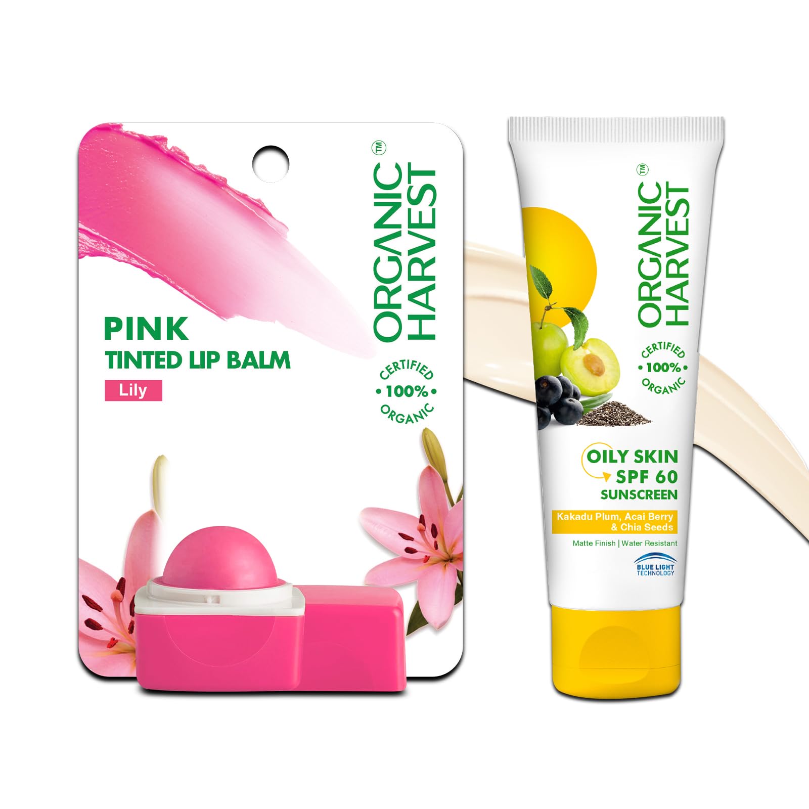Organic Harvest Oily Skin SPF 60 Sunscreen with Organic Harvest Pink Tinted Lip Balm for Men/Women | Kakadu Plum, Acai Berry & Chia Seeds -100% Certified Organic -100% Transparent