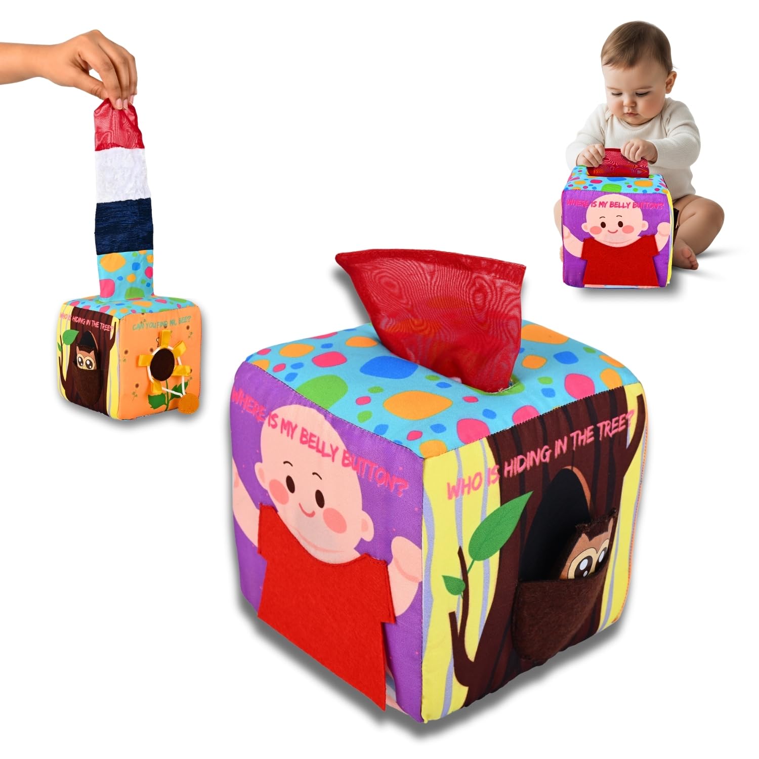 Seraphina Montessori 7 in 1 Activity Cube for Babies | Interactive, Educational & Learning Sensory Toy for Kids | Tissue Box Toy| Fabric Cube with Mirror, Rattle, Squeaker & Textures-picture-29