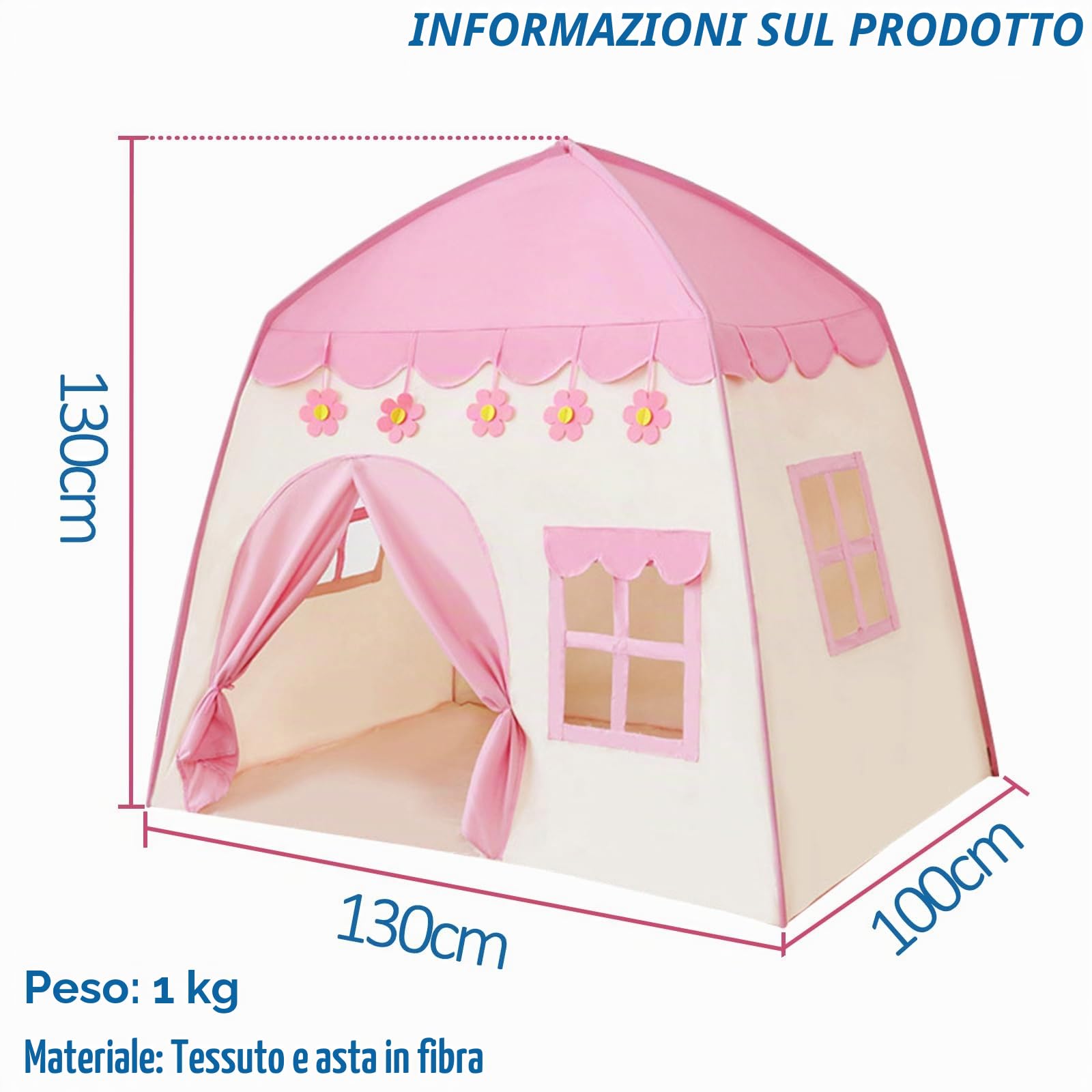 Tenda da gioco per bambini Tenda per Bambini interni 130 x 100 x 130 cm, grande tenda da gioco per bambini, casetta giocattolo per ragazze, principessa (rosa)