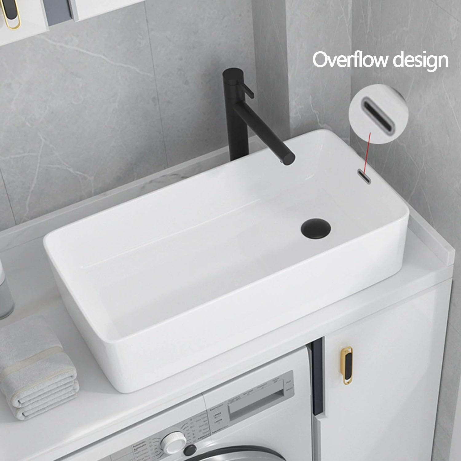 Lavabo da Appoggio in Ceramica con Troppopieno, Lavello Rettangolare Moderno con Scarichi Laterali e Scarico Pop-up per Bagno e WC degli Ospiti